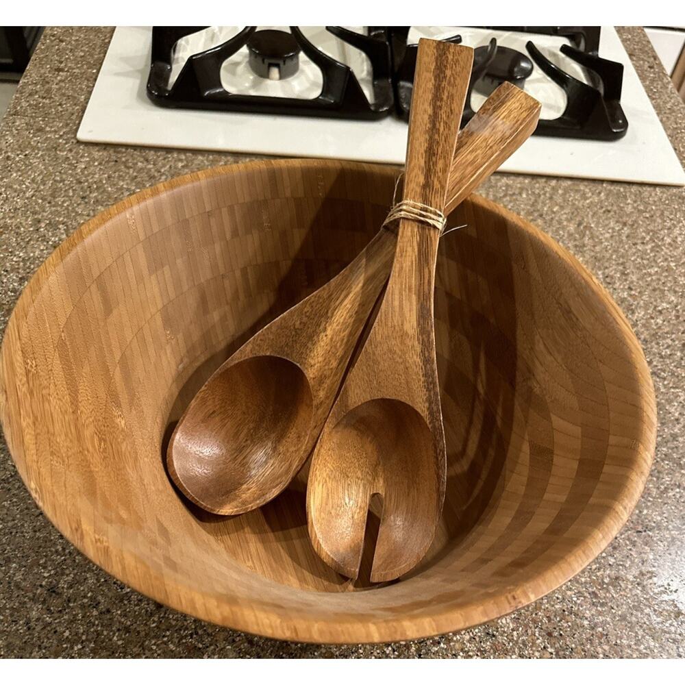 BAMBOO SALAD BOWL WITH TOSSING UTENSILS , Vintage Mint